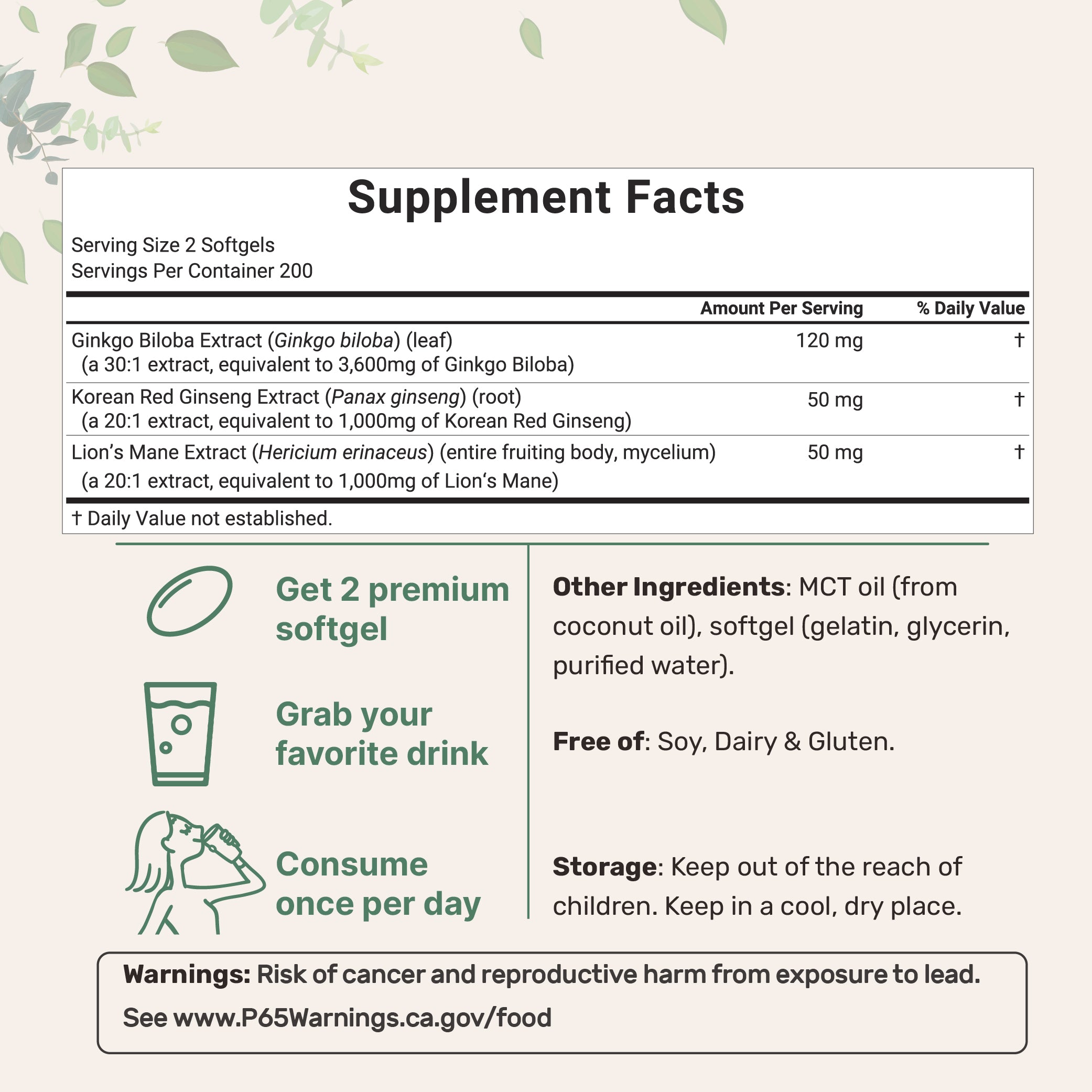 Micro Ingredients Ginkgo Biloba 5,600mg Equivalent, 400 Softgels, 3-in-1 with Ginseng & Lions Mane