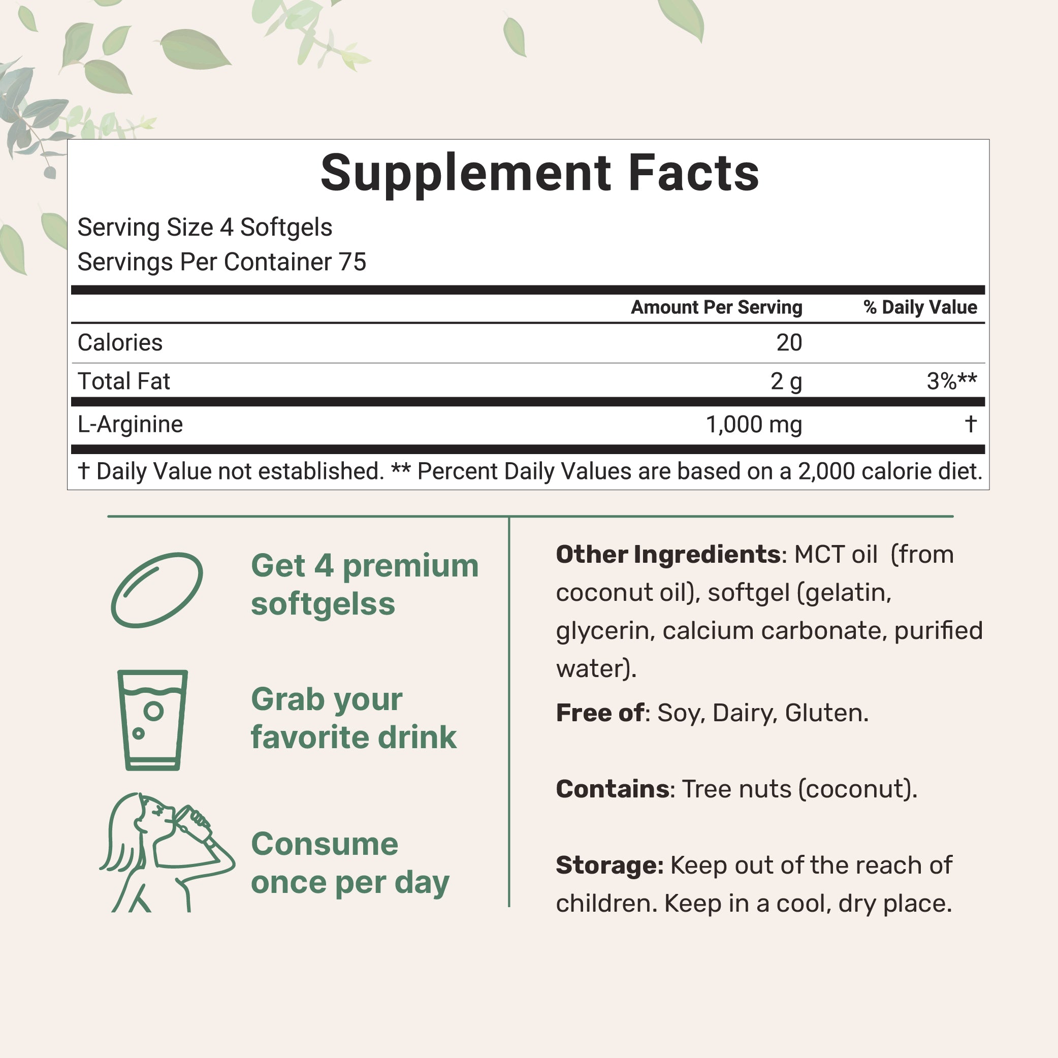 Micro Ingredients L-Arginine 1000mg with MCT Oil, 300 Softgels