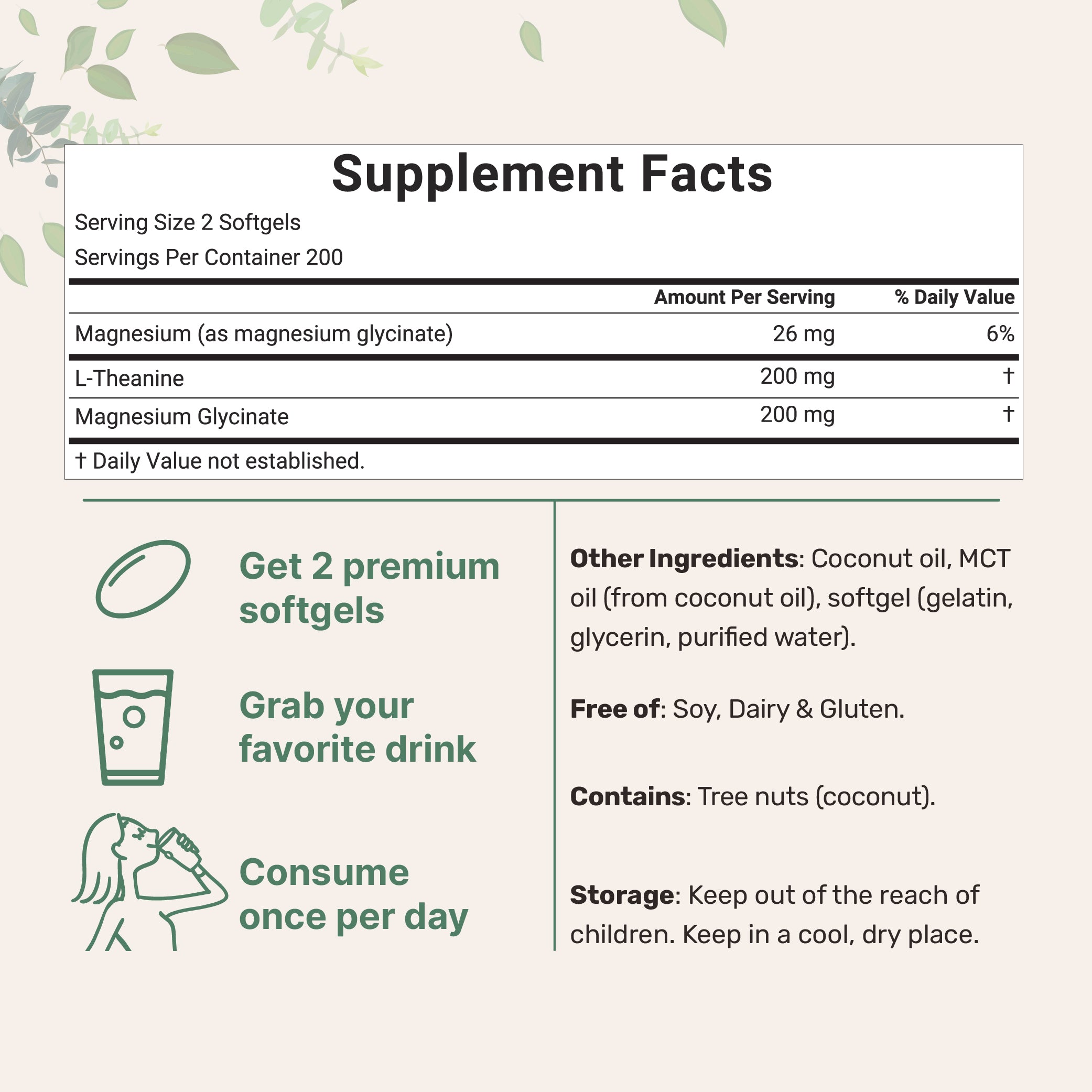 Micro Ingredients L-Theanine 200mg with Magnesium Glycinate 200mg, 400 Coconut MCT Oil Softgels