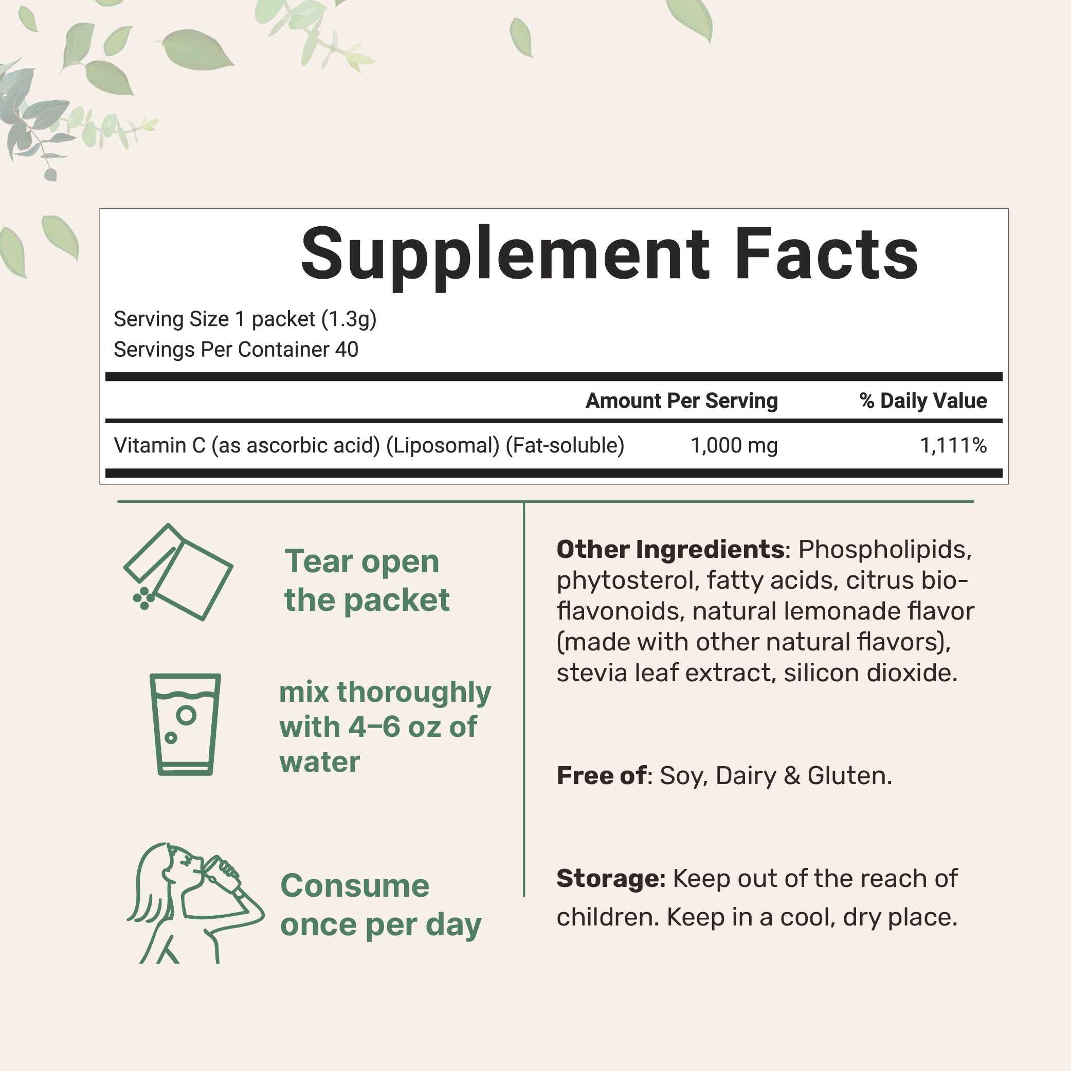 Micro Ingredients Liposomal Vitamin C 1,000mg, 40 Packets with Sugar Free Lemonade Flavor