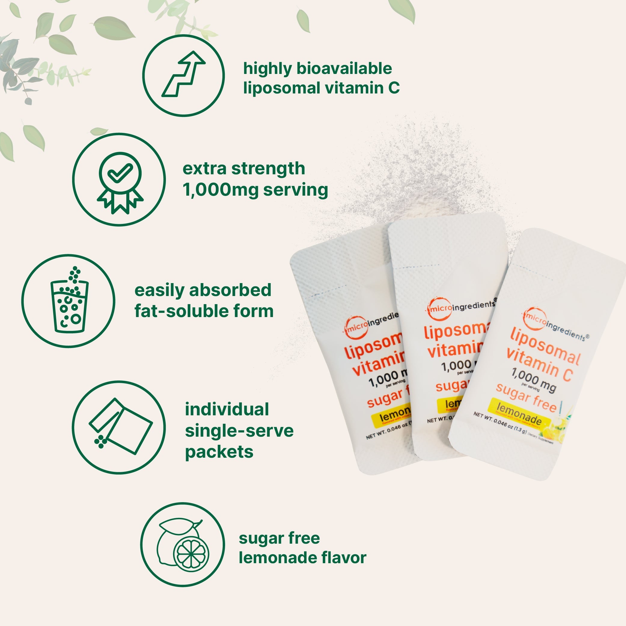 Micro Ingredients Liposomal Vitamin C 1,000mg, 40 Packets with Sugar Free Lemonade Flavor