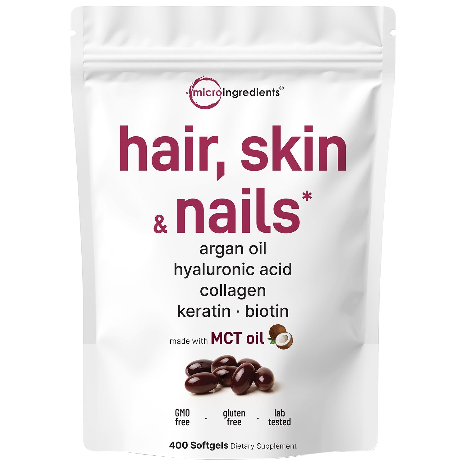 Micro Ingredients Hair, Skin, and Nails Vitamins, 400 Softgels + MCT Oil for Better Absorption