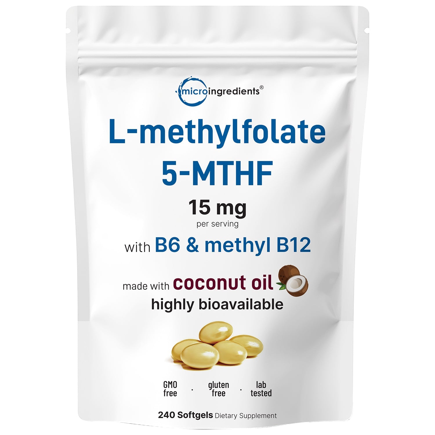 Micro Ingredients L Methylfolate 15mg with B6 Plus Methyl B12 | 240 Softgels with Coconut Oil