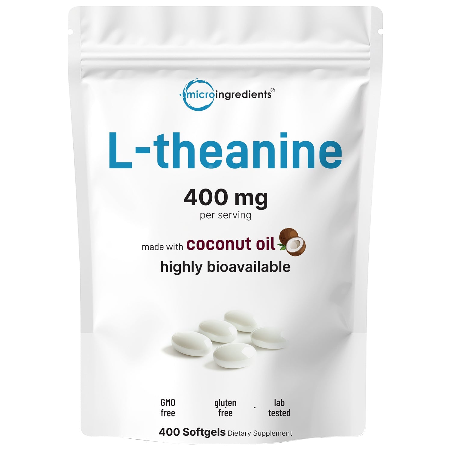 Micro Ingredients L-Theanine 400mg, 400 Softgels, Highly Bioavailable with Coconut Oil