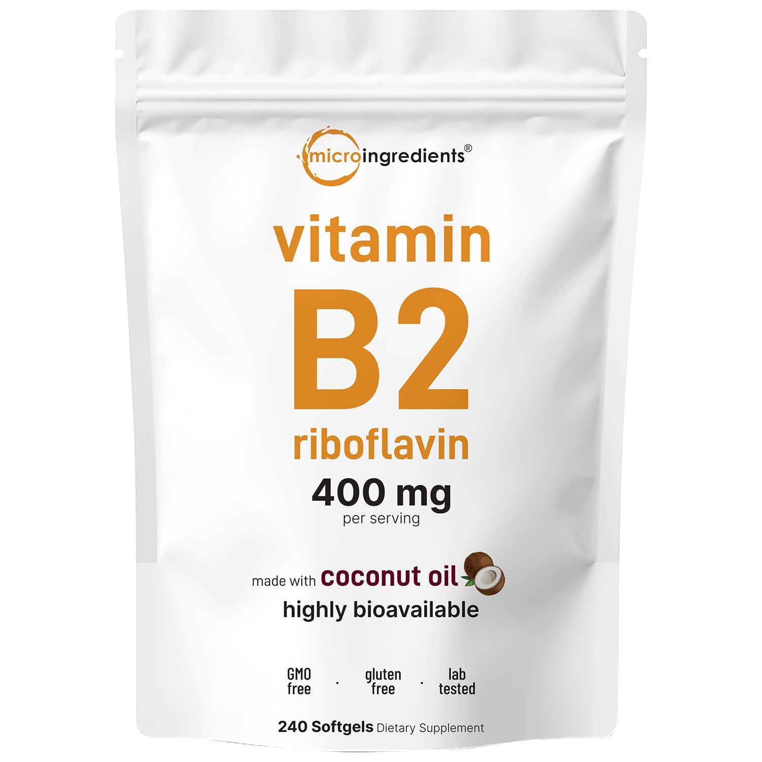 Micro Ingredients Vitamin B2, Riboflavin 400mg, 240 Softgels with Coconut Oil