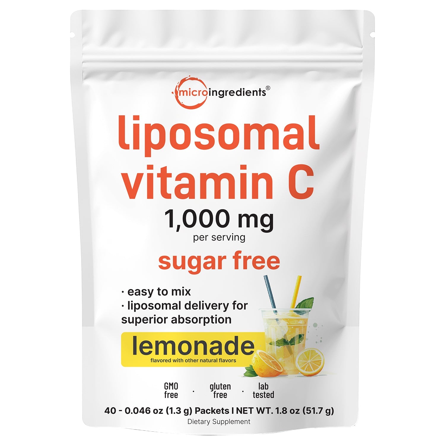 Micro Ingredients Liposomal Vitamin C 1,000mg, 40 Packets with Sugar Free Lemonade Flavor