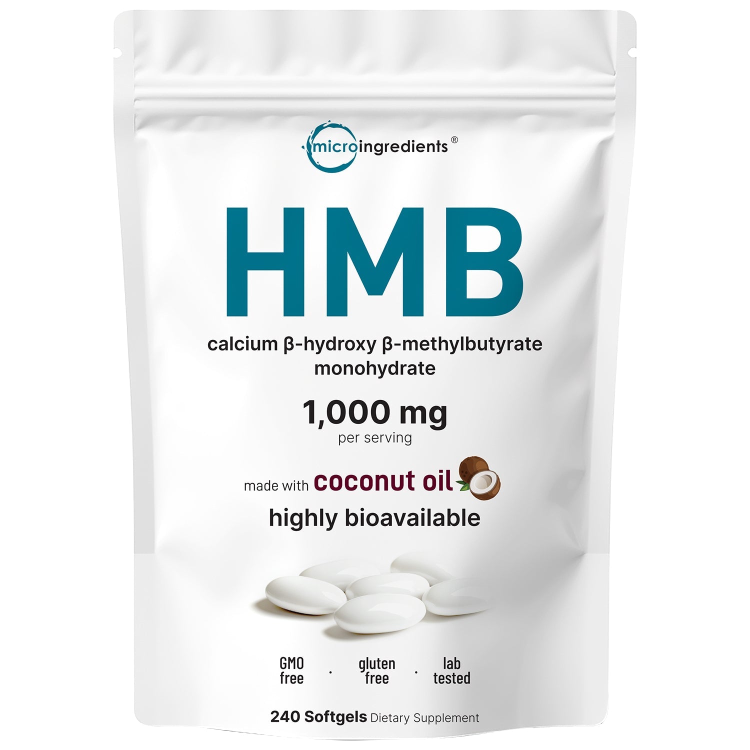 Micro Ingredients HMB 1,000mg, 240 Softgels with Coconut Oil, Highly Bioavailable