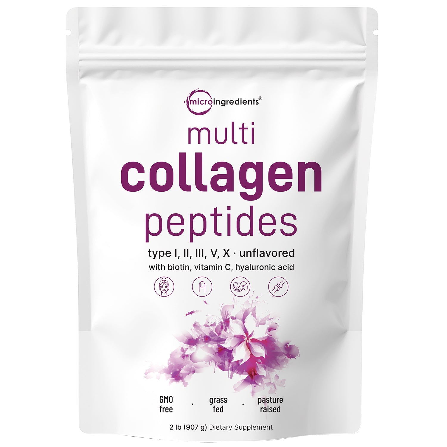 Micro Ingredients Multi Collagen Peptides Powder - Hydrolyzed Protein Peptides (Type I,II,III,V,X) with Hyaluronic Acid, Biotin & Vitamin C Unflavored
