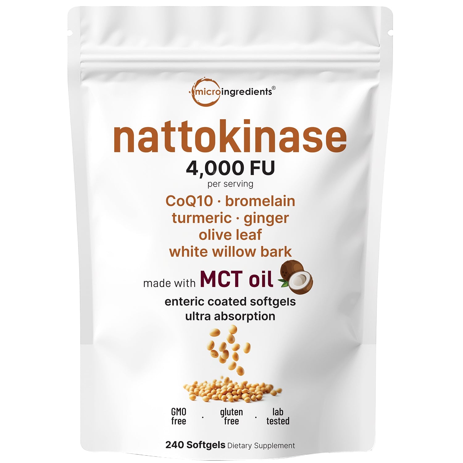 Micro Ingredients Nattokinase 4,000 FU Equivalent, 240 Enteric Coated Softgels with MCT Oil
