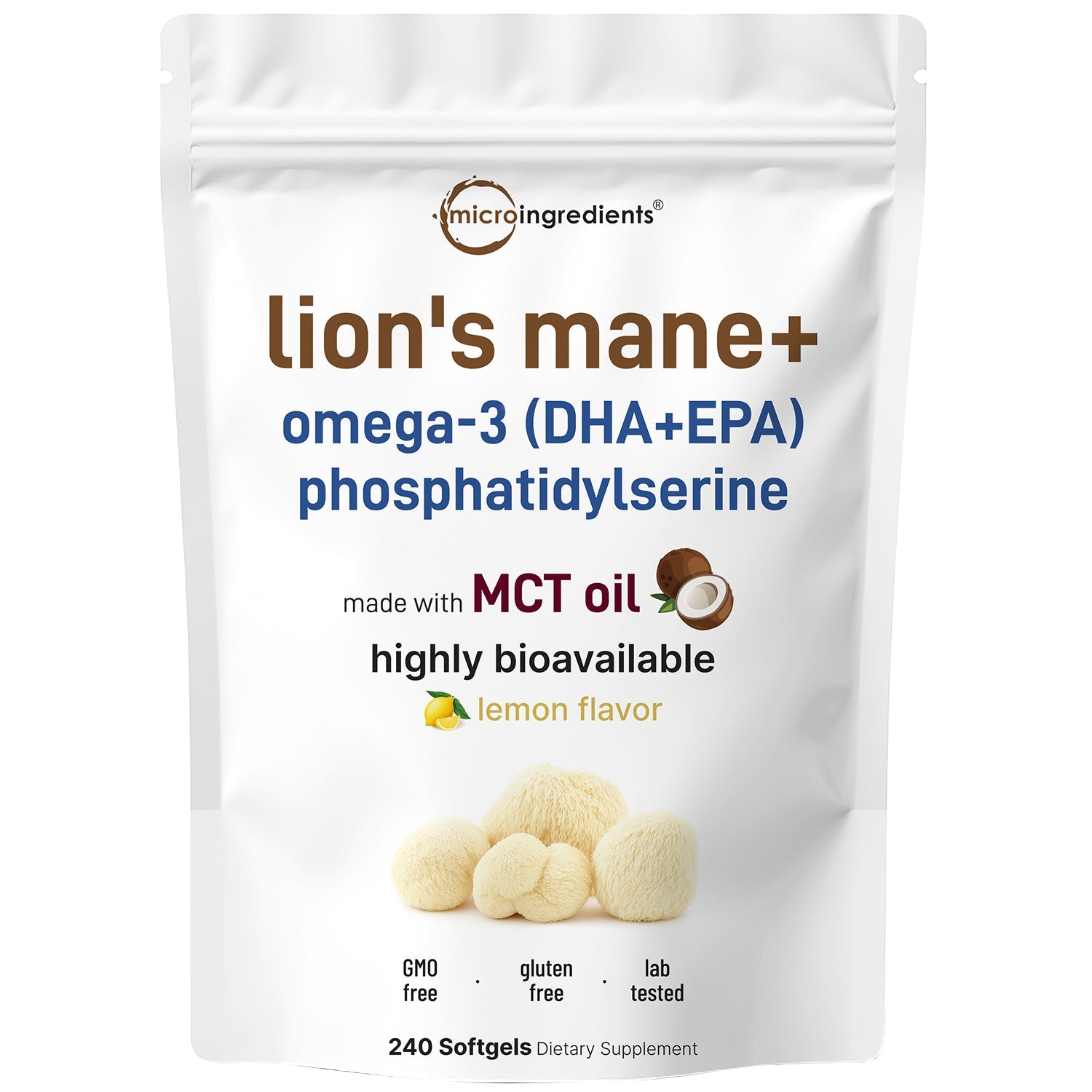 Micro Ingredients Lions Mane+ with Omega-3 & MCT Oil, 240 Softgels