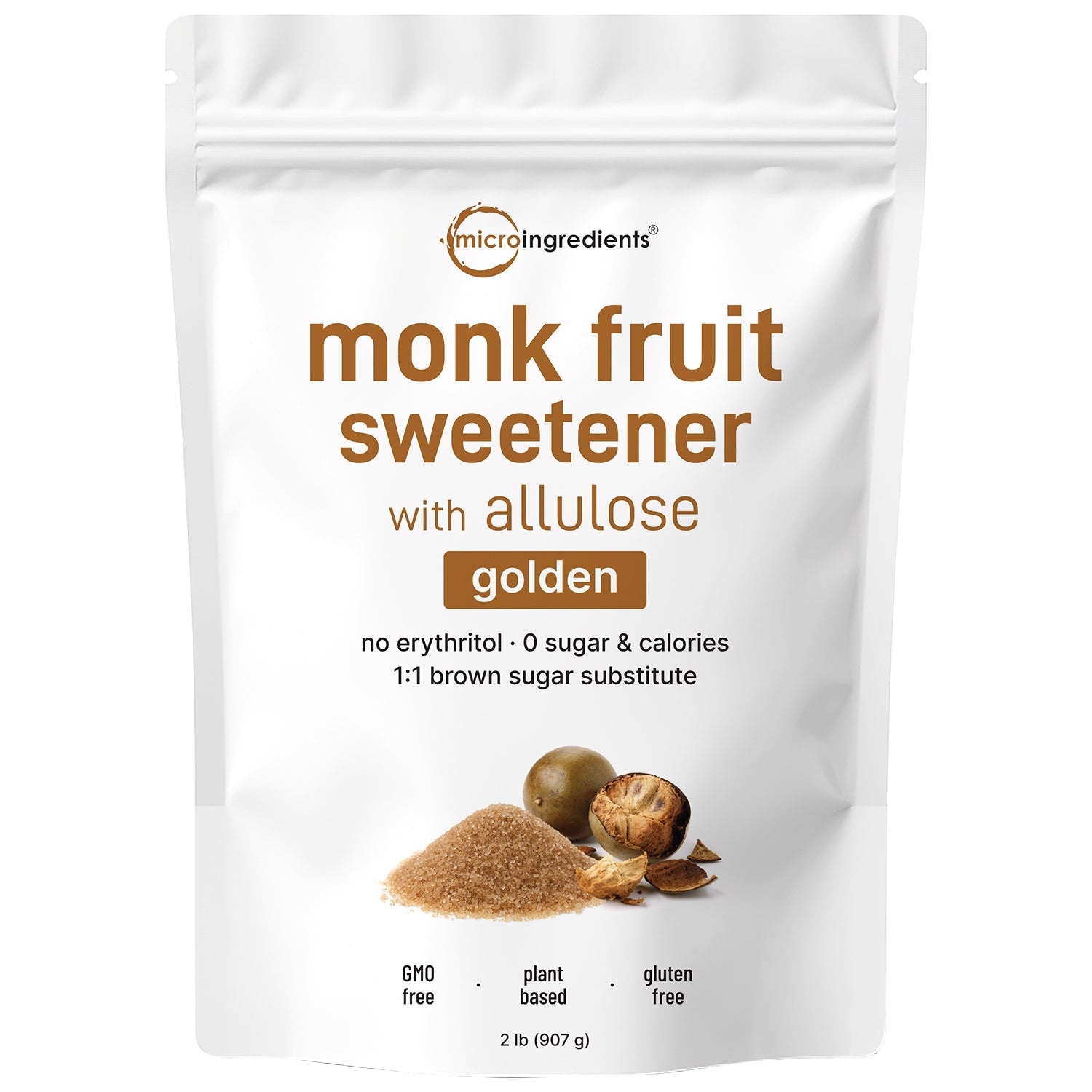 Micro Ingredients Golden Monk Fruit with Allulose Sweetener, 2 Lb – 1:1 Brown Sugar Substitute - Without Erythritol,  Zero Calorie, Great for Drinks, Coffee, Tea, Cookies | Keto, Vegan, Non-GMO